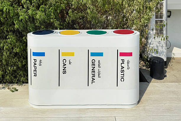 Bins for general waste, and plastic. Placing in sorting through packaging cans, plastic, paper, general. Sustainable Lifestyle concept