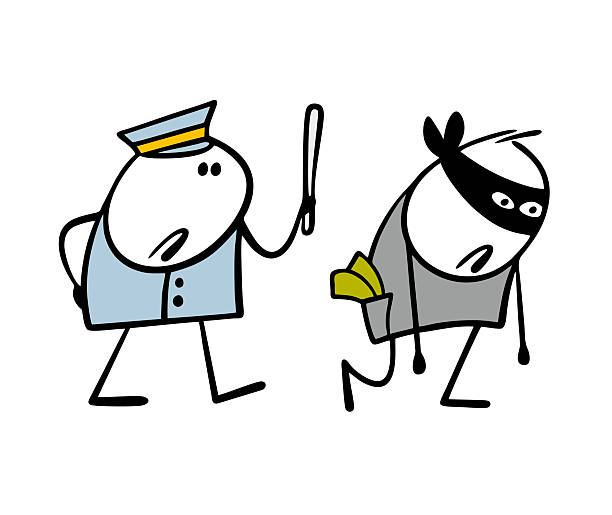 istock Strict policeman caught robber, takes to police station or jail. Vector illustration of stickman with rubber baton and criminal in black mask. Cartoon man stole money bank, pickpocket and fraudster. 2238249380