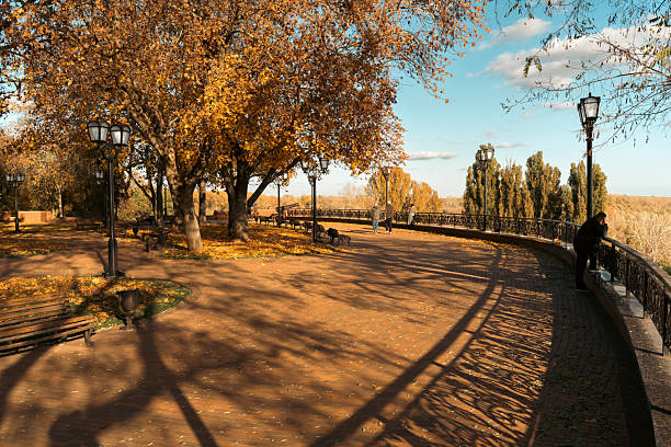 An elegant autumn scene set in a city park, featuring a gently curving pathway lined with empty benches and classic-style street lamps.
