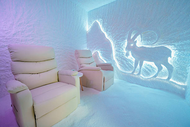 istock Modern Salt Room Interior With Illuminated Capricorn Design And Plush White Seating Arrangement 2238257432