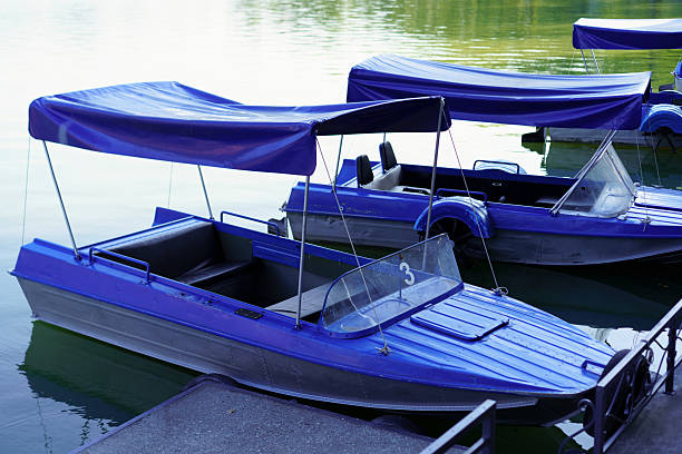 istock Blue paddle boats docked by a calm lake under a clear sky on a sunny day 2238260090
