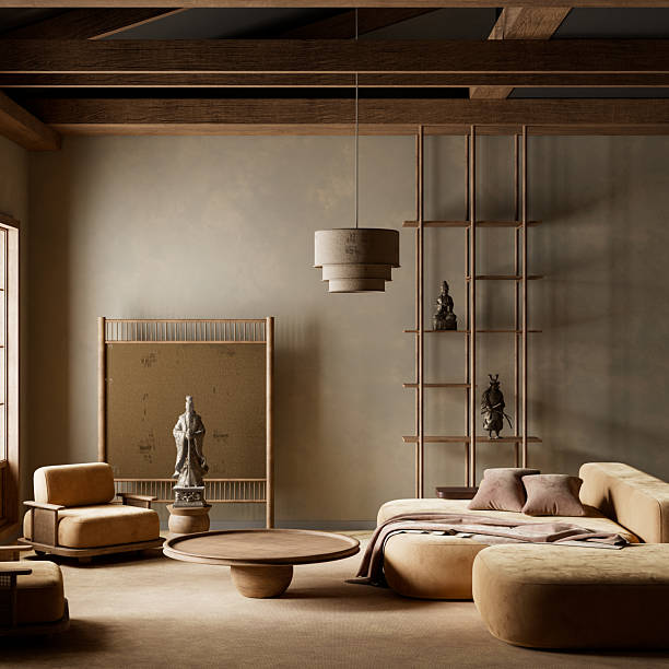 istock Japandi living room interior with natural elegance. 3D illustration 2238261322