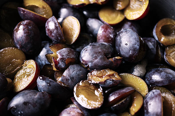 Delicious plums in a pot, prepared for making plum jam