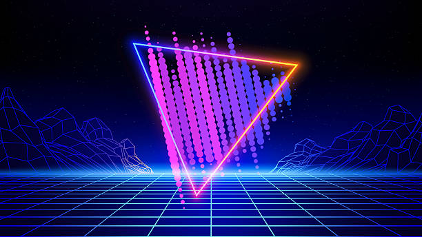 Retro futuristic abstract background. Synthwave 80s style poster. Neon triangle, 3d laser grid, audio signal waveform, wireframe mountain. Music template. Starry sky background, mesh floor. Vector