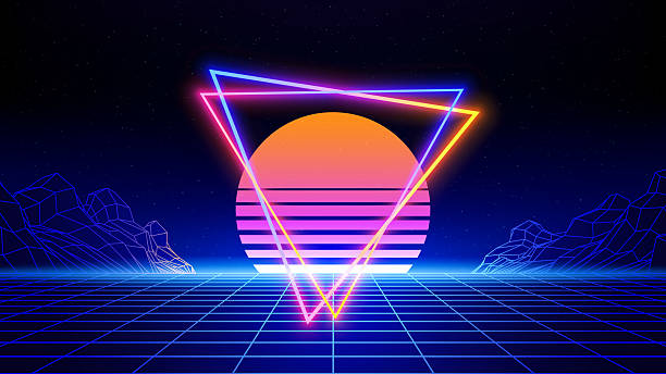 Retro futuristic abstract background. Synthwave 80s style poster. Neon triangle, 3d laser grid, sun, moon, wireframe mountain. Music template. Starry sky background, mesh floor. Vector