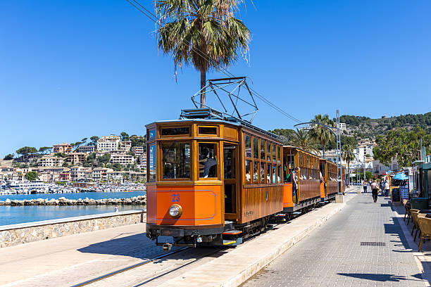 Port de Soller, Spain - May 25, 2025: Ancient tram Tranvia de Soller public transport transit transportation on Mallorca island in Port de Soller, Spain.