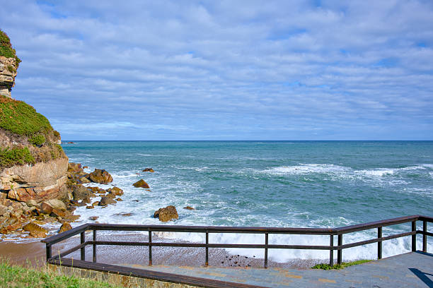 Scenic rocky coastline with terrace and ocean waves
