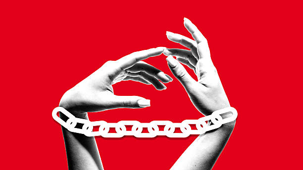istock Surreal collage art. Hands in chain symbolizing restriction and fragile emotion on red background 2238279575