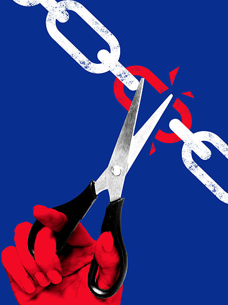 Creative contemporary collage. Scissors cutting chain link symbolizing fragile rebellion and breaking restrictions