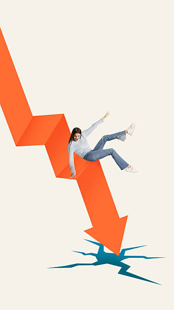 istock Creative digital artwork. Woman falling down orange arrow with shocked expression 2238279697