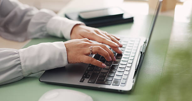 istock Hands, typing and woman in office with laptop, administration and note taking for pr agency. Research, planning and person in business with tech, knowledge and brainstorming for project deadline 2238280051