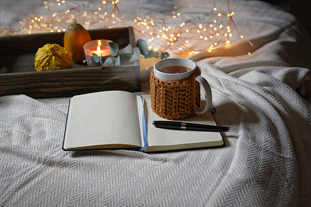 A cozy bedroom features an open diary next to a warm cup of tea, surrounded by soft lights and natural elements. This scene invites relaxation and reflection, perfect for morning wellness practices. Copy space for text, high angle view - Wellbeing, mental health