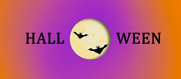 Halloween text with moon and bats on orange and purple background