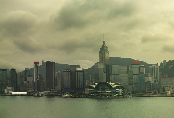 Hong Kong city skyline from a high vantage point at sunset