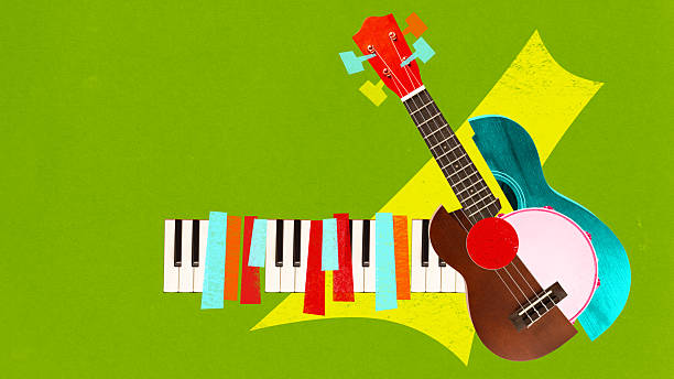 istock Ukulele, piano keys and drum in playful green surreal composition 2238300120
