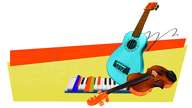 Blue ukulele with violin and piano on abstract yellow red composition