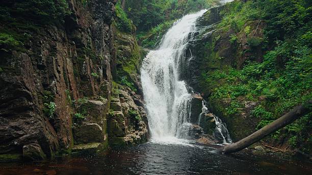 istock Majestic mountain waterfall plunging over rugged rocks, framed by dense green foliage and drifting mist 2238304359