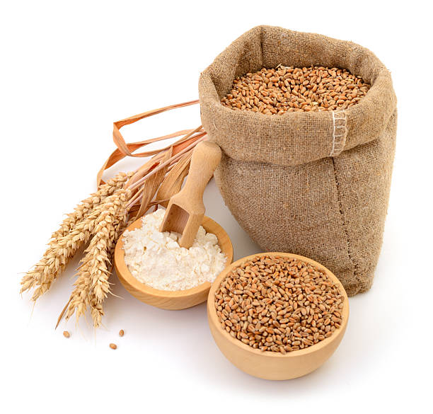 istock Wheat grains and flour with burlap sack isolated on white background 2238311265