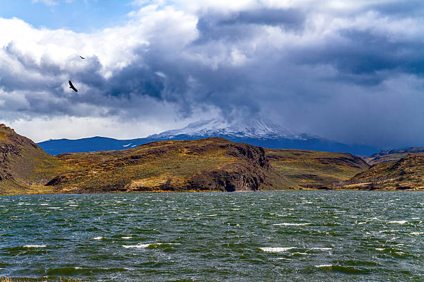 Laguna Las Mellizas. The Torres del Paine National Park. Strong Patagonian wind drives waves on the lake. Patagonia. Chile.