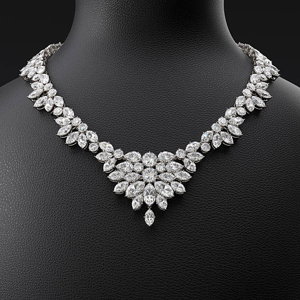 istock Luxurious diamond necklace on a leather bust stand. Close-up. Frontal view. 3d rendering. 2238322071