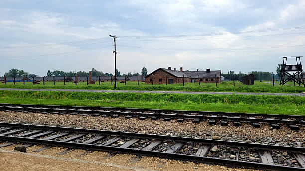 Auschwitz, Poland on photo August 20, 2022, The photograph presents a wide landscape of the grounds of the former Auschwitz Birkenau concentration camp. In the foreground, two parallel lines of railway tracks with wooden sleepers