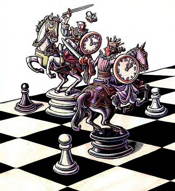 king and queen in giant chess set who have clocks as shields
