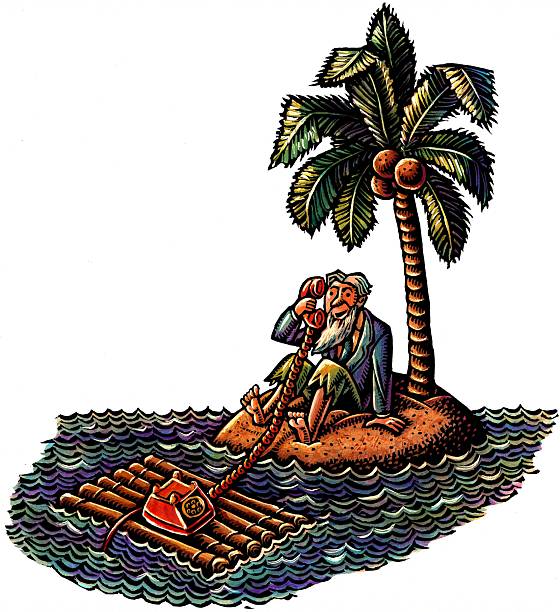 man on desert island talks on a telephone that drifted up on a raft