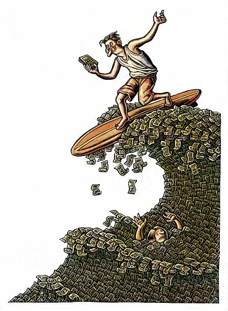 istock man with calculator Surfing on a Money Wave of dollars 2238345354