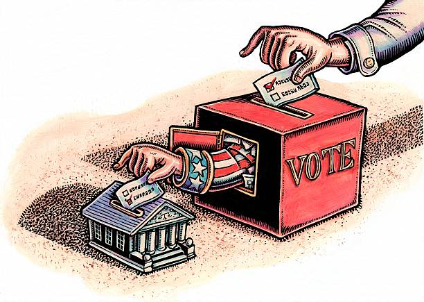 hand puts ballot in voting box, uncle sam arm puts ballot in courthouse