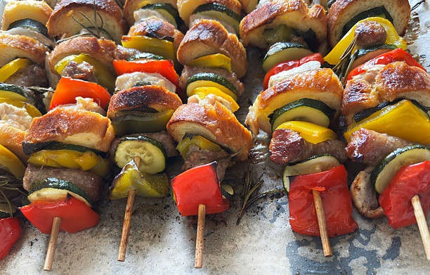 istock Rustic skewers with meat and vegetables. 2238346835