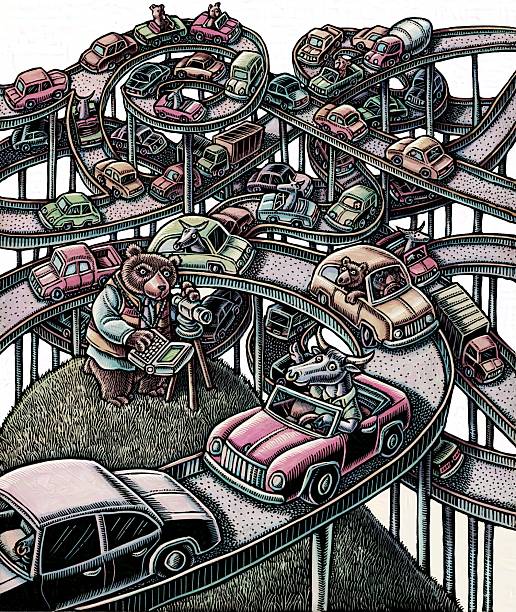 bulls and bears driving in cars on winding highways