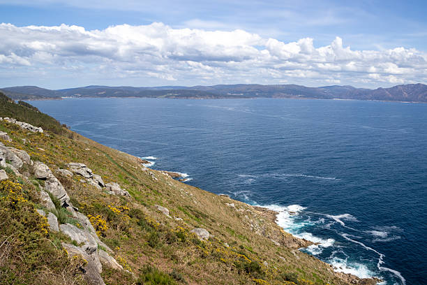 Stunning view of Cabo de Finisterre cliffs and Atlantic Ocean, Galicia, Spain. Known as \