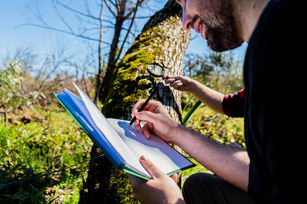 istock Close-up of a man taking notes while examining tree moss in a nature park 2238352344