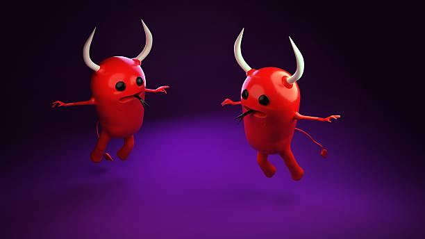 istock Two devil characters jumping with horns and tails on background 2238357499