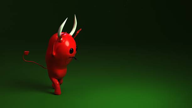 Side view of a devil character with horns and tail raising arm on green background. Character in motion. Copy space for text for stock and advertising use.