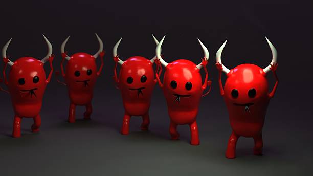 Front view of five devil characters with horns and tails raising arms on background. Characters in group. Copy space for text for stock and advertising use.