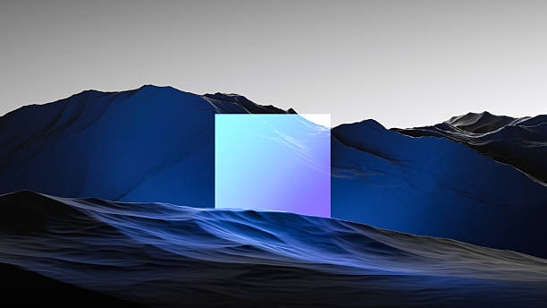 istock Abstract futuristic sci-fi mountain landscape with neon panel, blue-violet square light in a gloomy mountainous, rocky surface, wallpaper. 3D render 2238372173