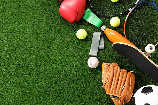 istock Different sport equipment on artificial grass, flat lay. Space for text 2238372468