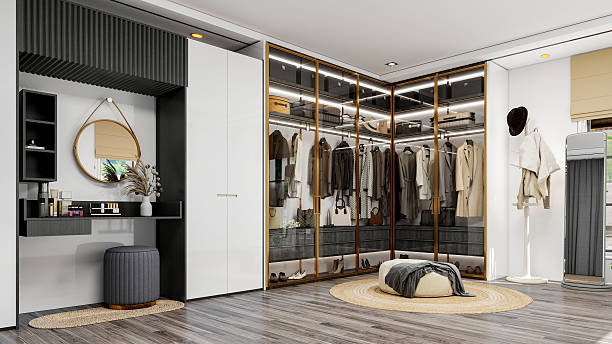 istock Modern Luxury Walk-In Closet Interior with Wardrobe and Dressing Table, 3D Rendering 2238372810