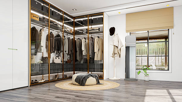 istock Modern Luxury Walk-In Closet Interior with Wardrobe and Dressing Table, 3D Rendering 2238372833