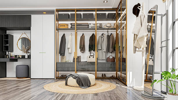 istock Modern Luxury Walk-In Closet Interior with Wardrobe and Dressing Table, 3D Rendering 2238372851