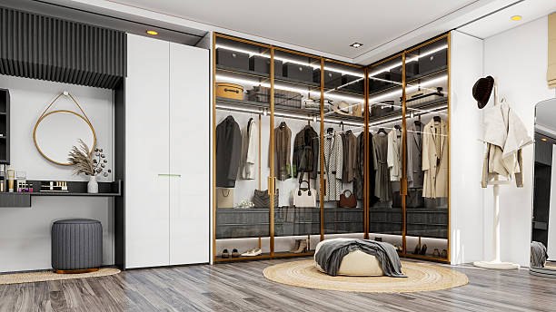 istock Modern Luxury Walk-In Closet Interior with Wardrobe and Dressing Table, 3D Rendering 2238372869