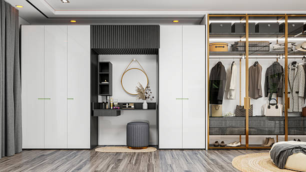 istock Modern Luxury Walk-In Closet Interior with Wardrobe and Dressing Table, 3D Rendering 2238372885
