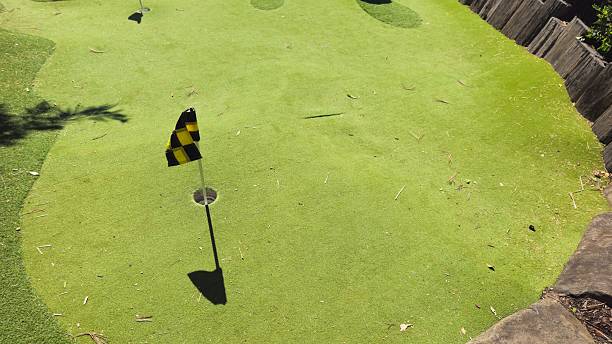 Golf hole with red flag on green grass