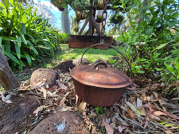 A rusted iron pot with a handle rests on dry leaves near rocks and plants in a garden area with greenery and hanging planters.