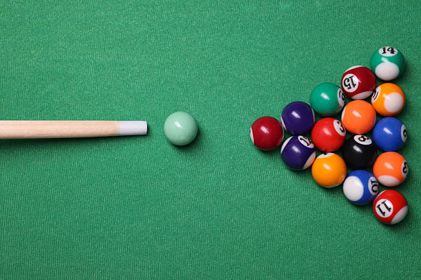 Close up of Pool balls on gray table sport game set known as eight ball pool, six pockets.