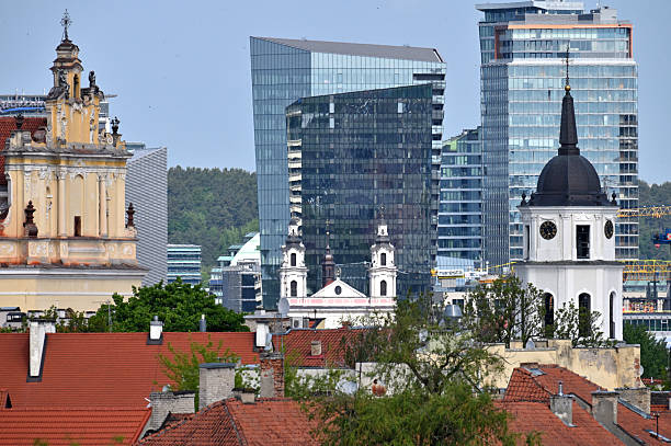 Lithuania, Vilnius, June 05, 2025: Aerial view of the old town and new architecture of Vilnius, the capital and largest city of Lithuania
