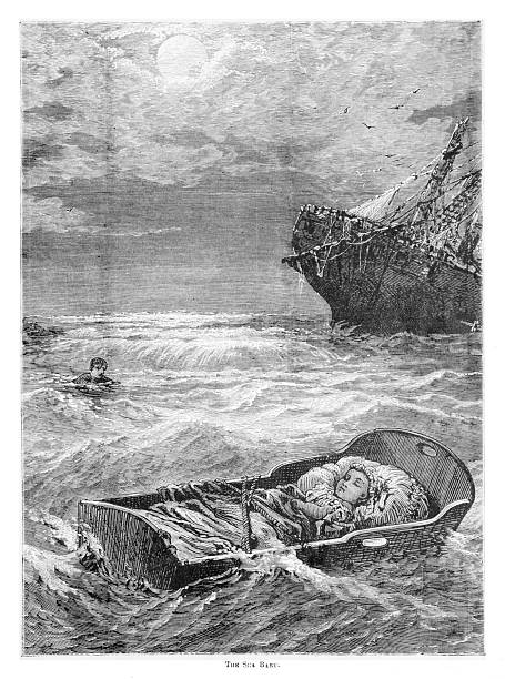 19th-century illustration: A baby rests in a cradle adrift on the sea waves, with a wrecked ship and a swimming person in the background.