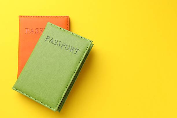 istock Passports in color covers on yellow background, top view. Space for text 2238378395