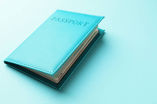 istock Passport in bright cover on light blue background, closeup. Space for text 2238378462